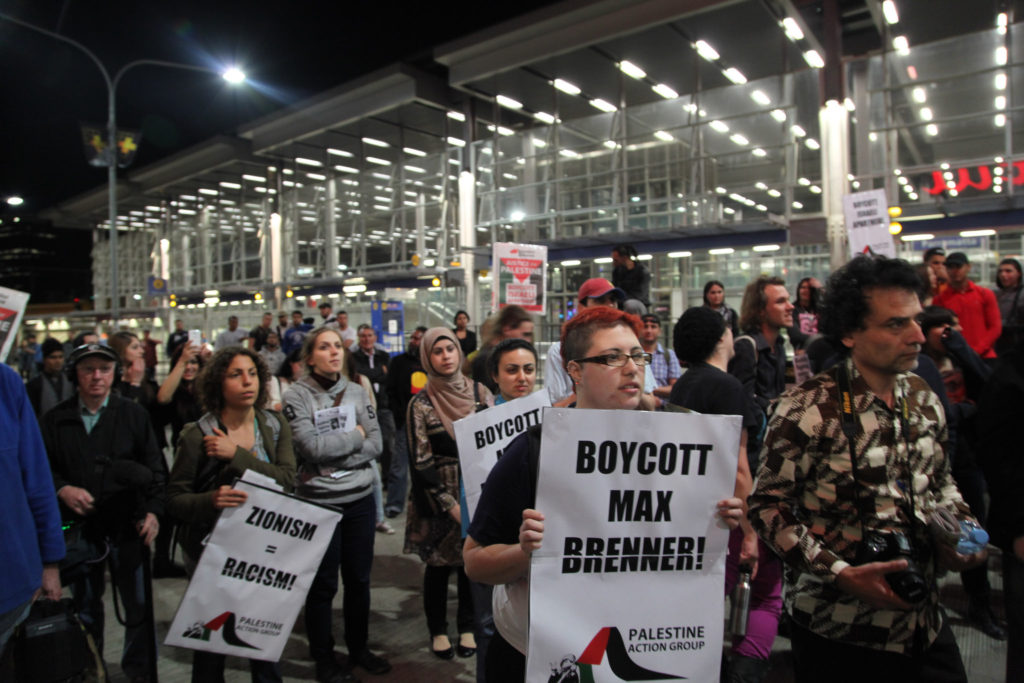 BDS movement activists in Parramatta, a suburb of Sydney, Australia, protest Max Brenner, a chocolate-maker with ties to apartheid Israel. September 20, 2012. (Flickr / Kate Ausburn)