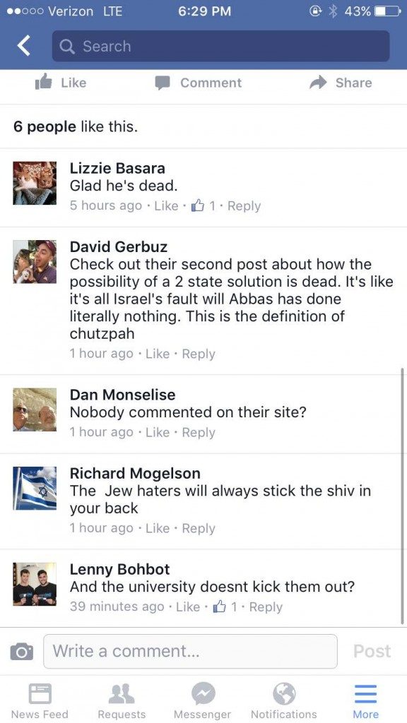 Screenshot of abusive messages sent to the Students for Justice in Palestine.