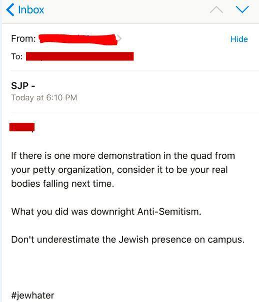 An abusive message sent to Students for Justice in Palestine.