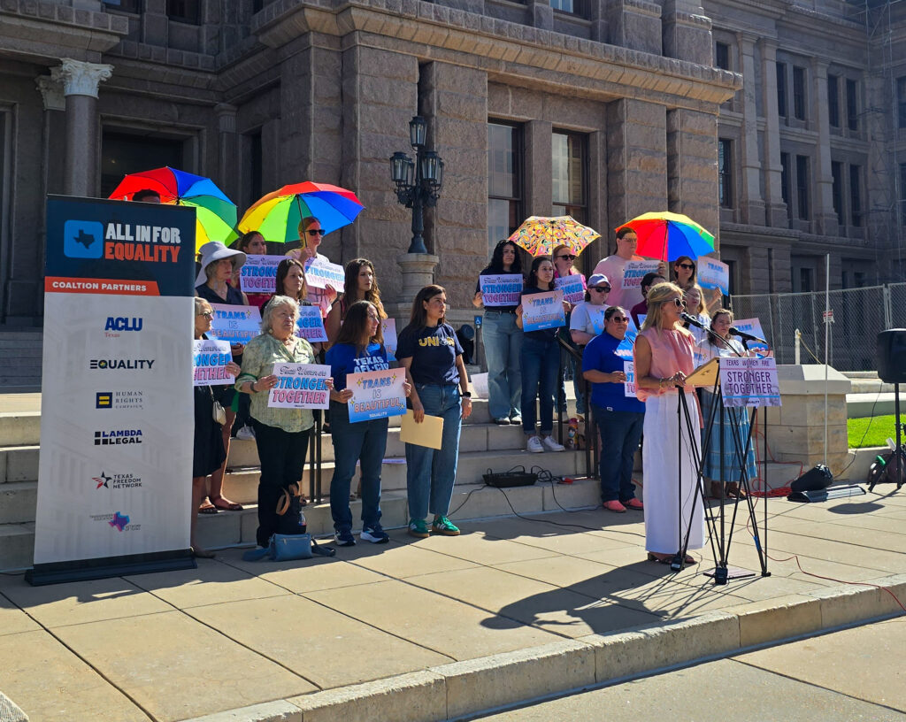 Former state Senator Wendy Davis speaks at an All In For Equality rally against the latest anti-trans law at the Texas lege.